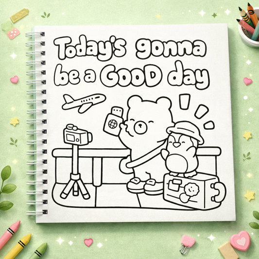 Coloring book page with cartoon characters and text 'Today's gonna be a good day' on a green background with stationery items.