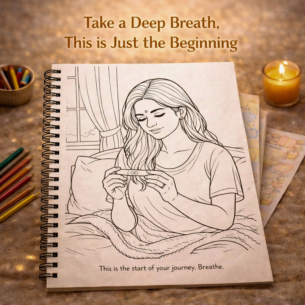 Coloring book page with a drawing of a woman holding a pregnancy test, surrounded by colored pencils and a lit candle on a wooden surface.