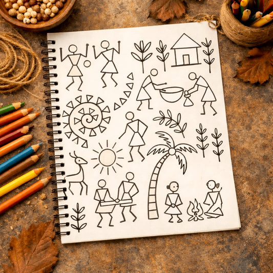 Notebook with black line art on a rustic wooden surface with colored pencils and leaves.