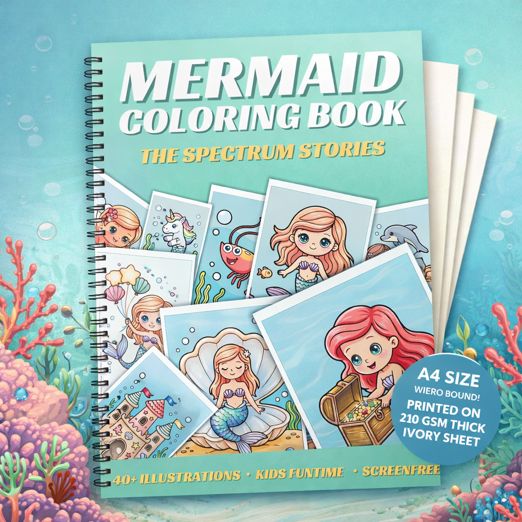 Mermaid Coloring Book for Kids | 40+ Cute Illustrations | A4 Wiro Bound | Thick 210 GSM Ivory Pages | Screen-Free Fun The Spectrum Stories