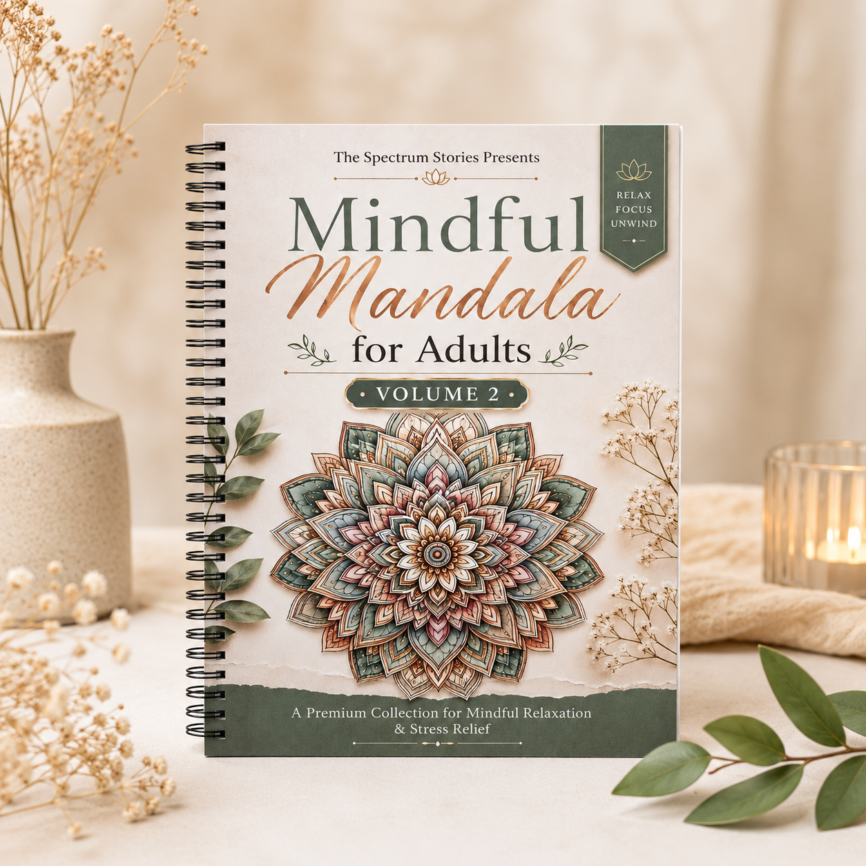 Mindful Mandala for Adults Volume 2 book on a decorative surface with flowers and candles.