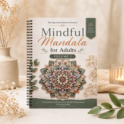 Mindful Mandala for Adults Volume 2 book on a decorative surface with flowers and candles.