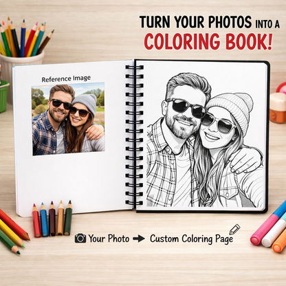 Coloring book with a couple's photo and coloring pencils on a wooden surface