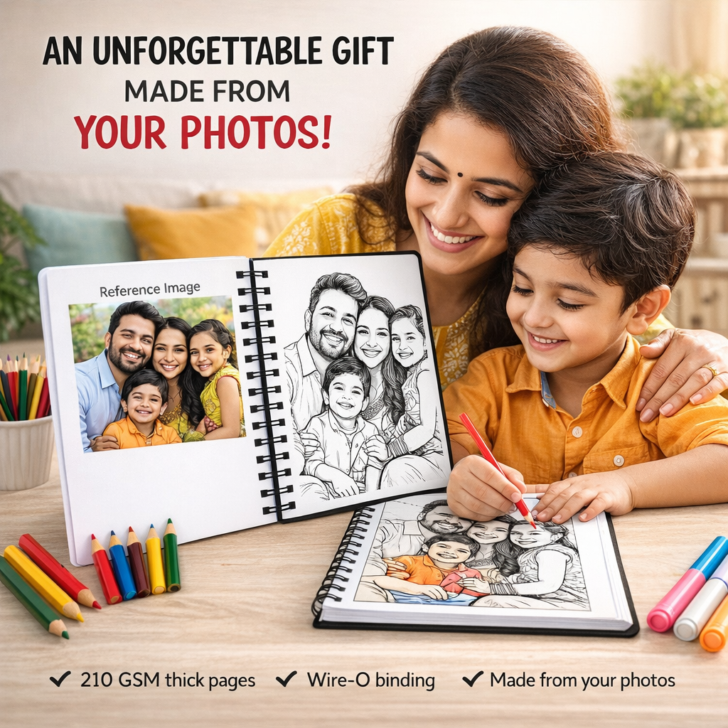 Woman and child coloring a family portrait from a photo album with text 'An Unforgettable Gift Made From Your Photos'.