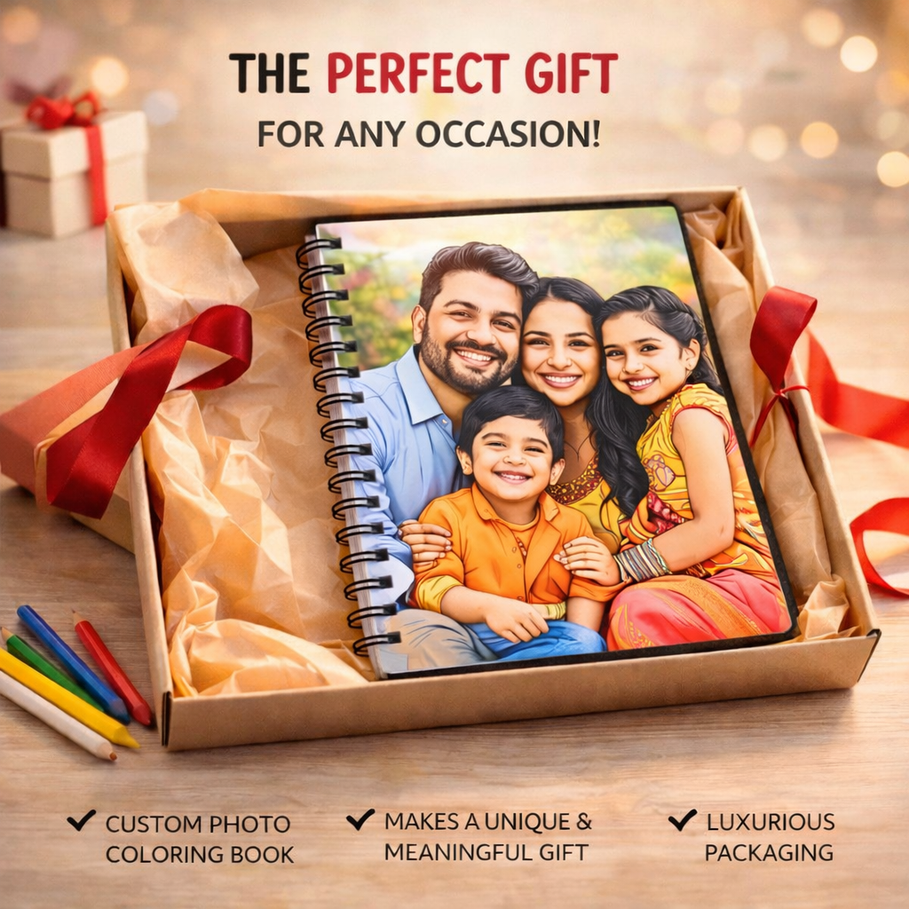 Custom photo coloring book with a family photo on the cover, surrounded by gift wrapping and ribbons.