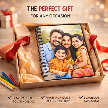 Custom photo coloring book with a family photo on the cover, surrounded by gift wrapping and ribbons.