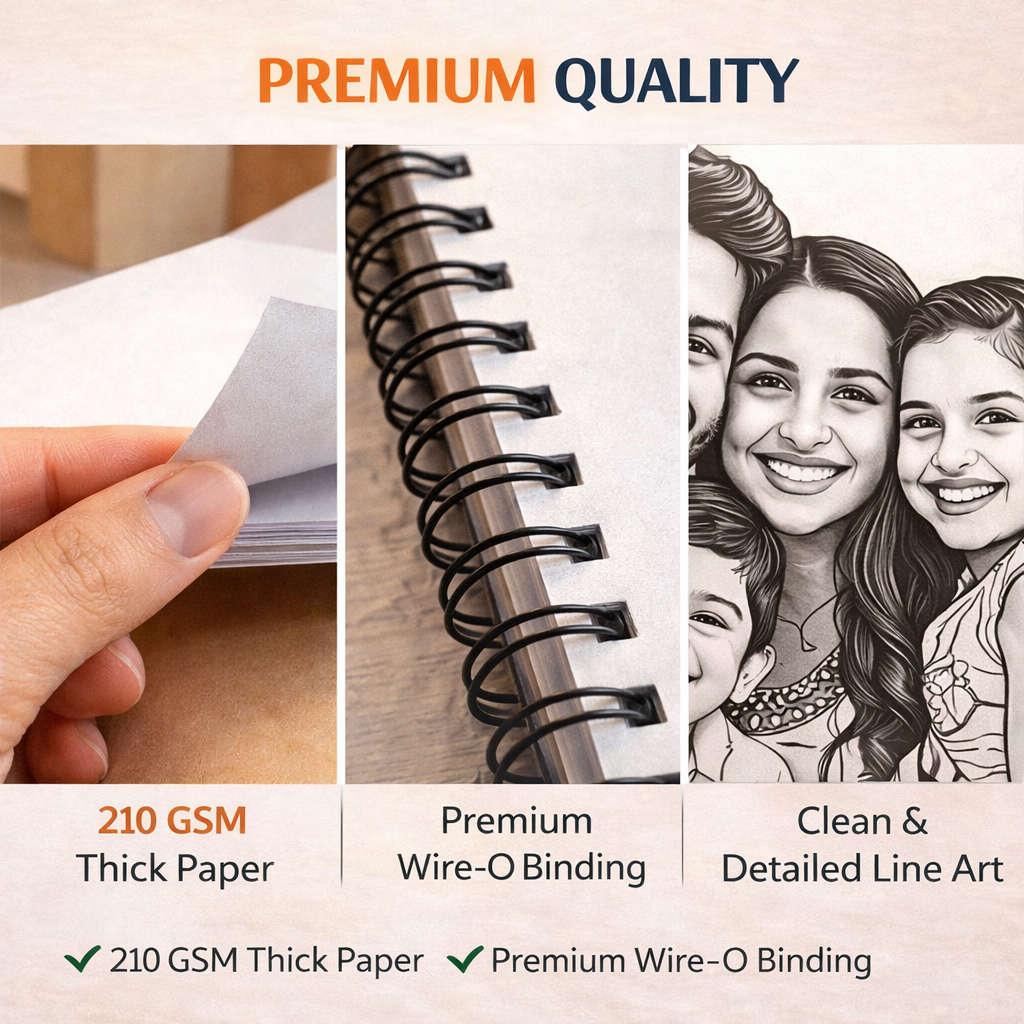 Product advertisement for premium quality paper with a spiral-bound notebook and line art illustration.