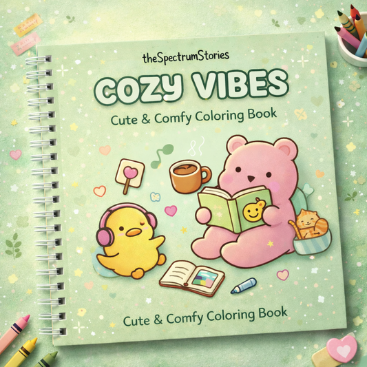 Coloring book titled 'Cozy Vibes' with cartoon characters on a green background