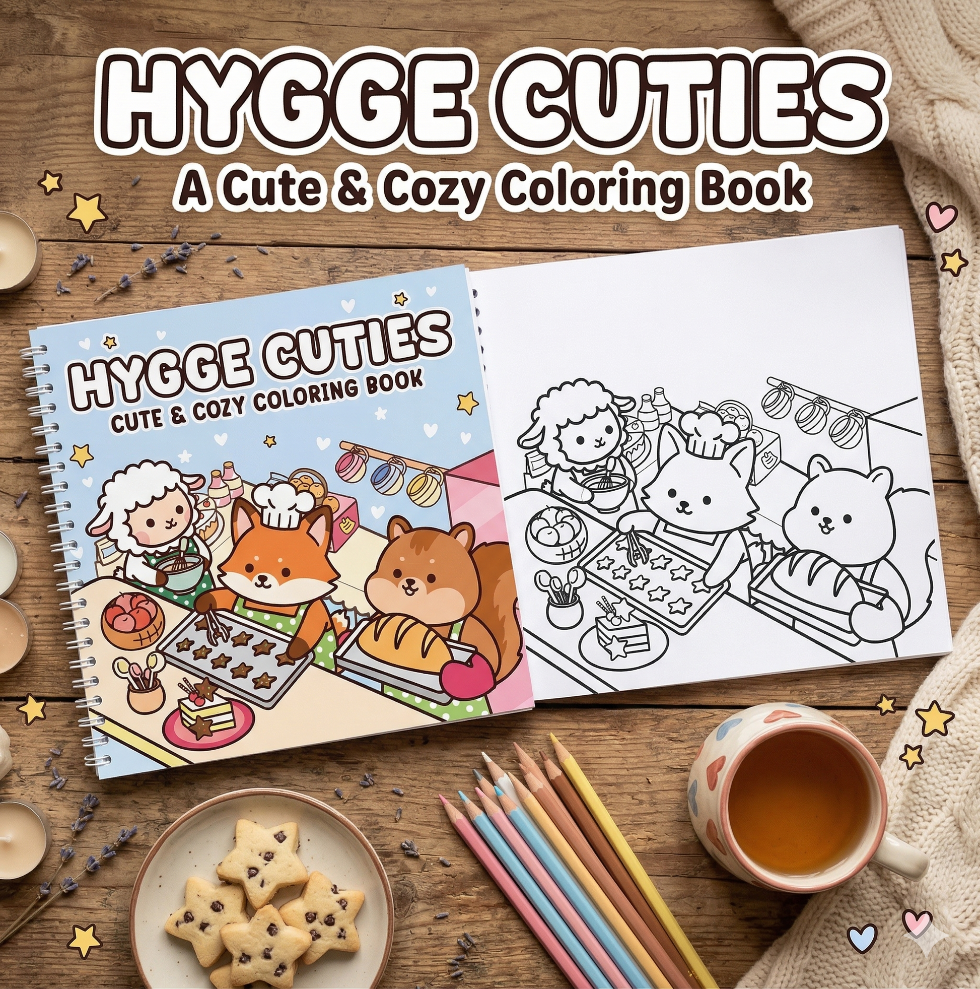 Coloring book titled 'Hygge Cuties' on a wooden surface with coloring pages and stationery.