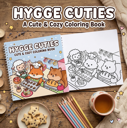 Coloring book titled 'Hygge Cuties' on a wooden surface with coloring pages and stationery.