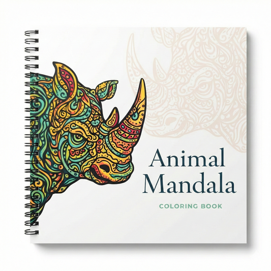 Colorful animal mandala coloring book with a rhinoceros design on a white background