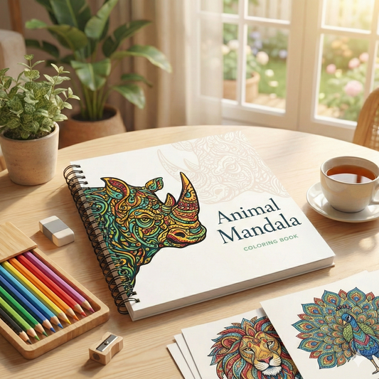 Coloring book titled 'Animal Mandala' on a table with coloring pencils and a cup of tea.