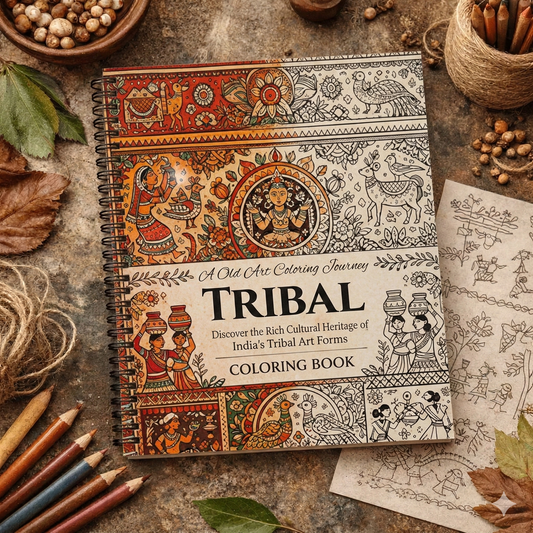 Tribal coloring book on a rustic surface with art supplies