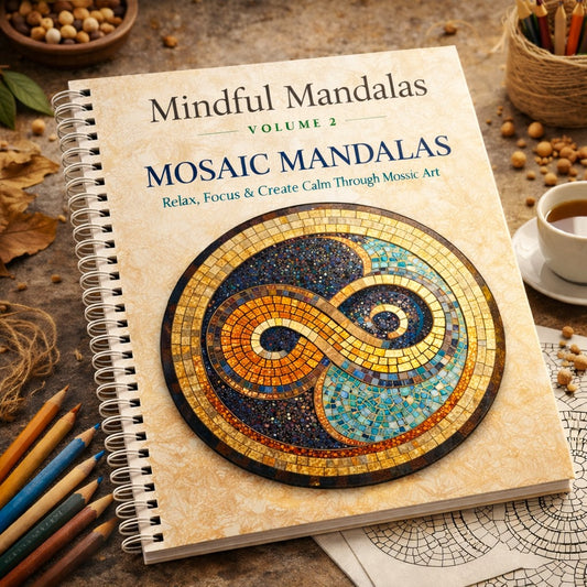 Book titled 'Mindful Mandalas Volume 2: Mosaic Mandalas' on a rustic surface with art supplies.