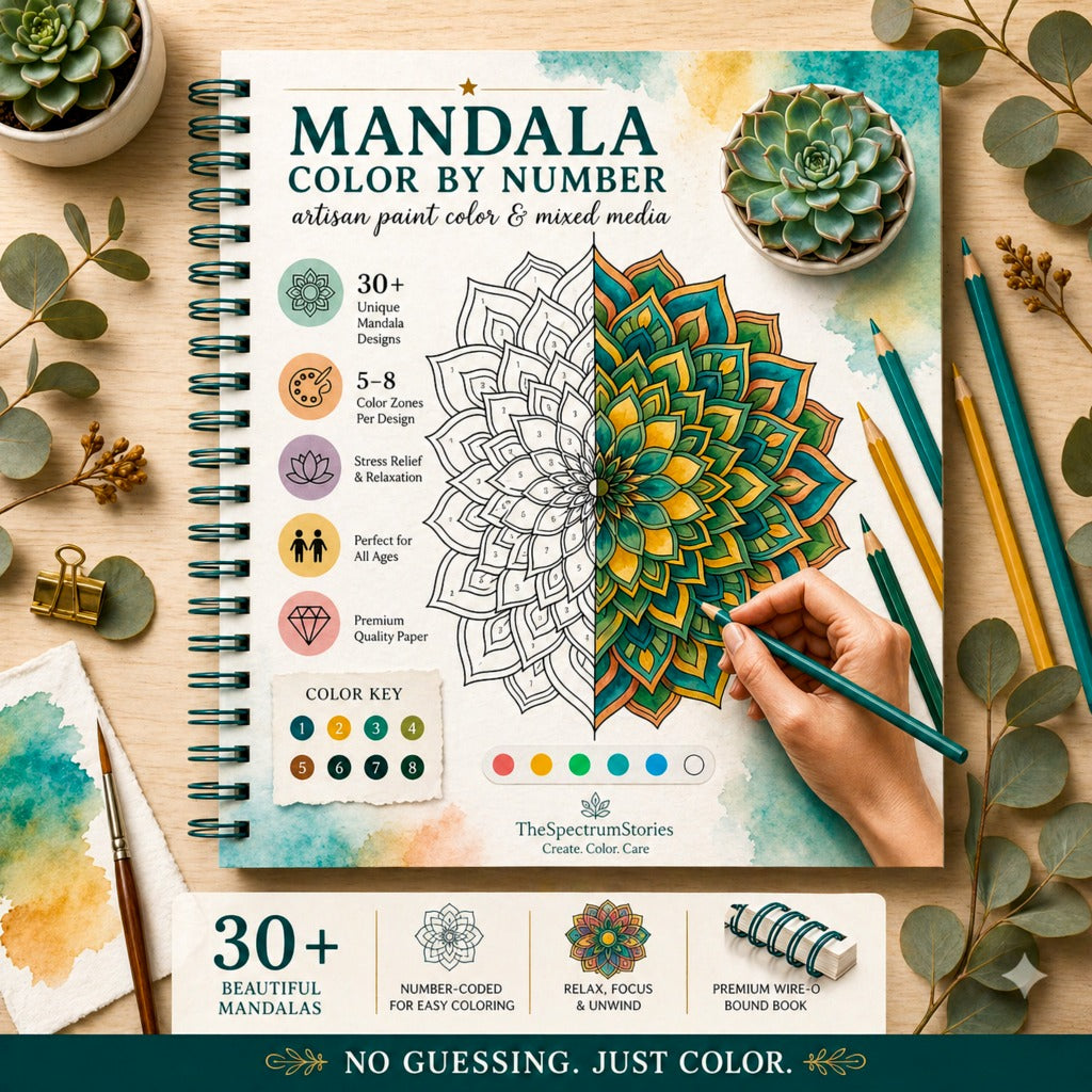Mandala coloring book with pencils and succulents on a wooden surface
