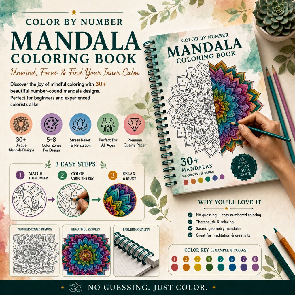 Mandala coloring book with a hand holding a pencil, surrounded by leaves and pencils on a light background.