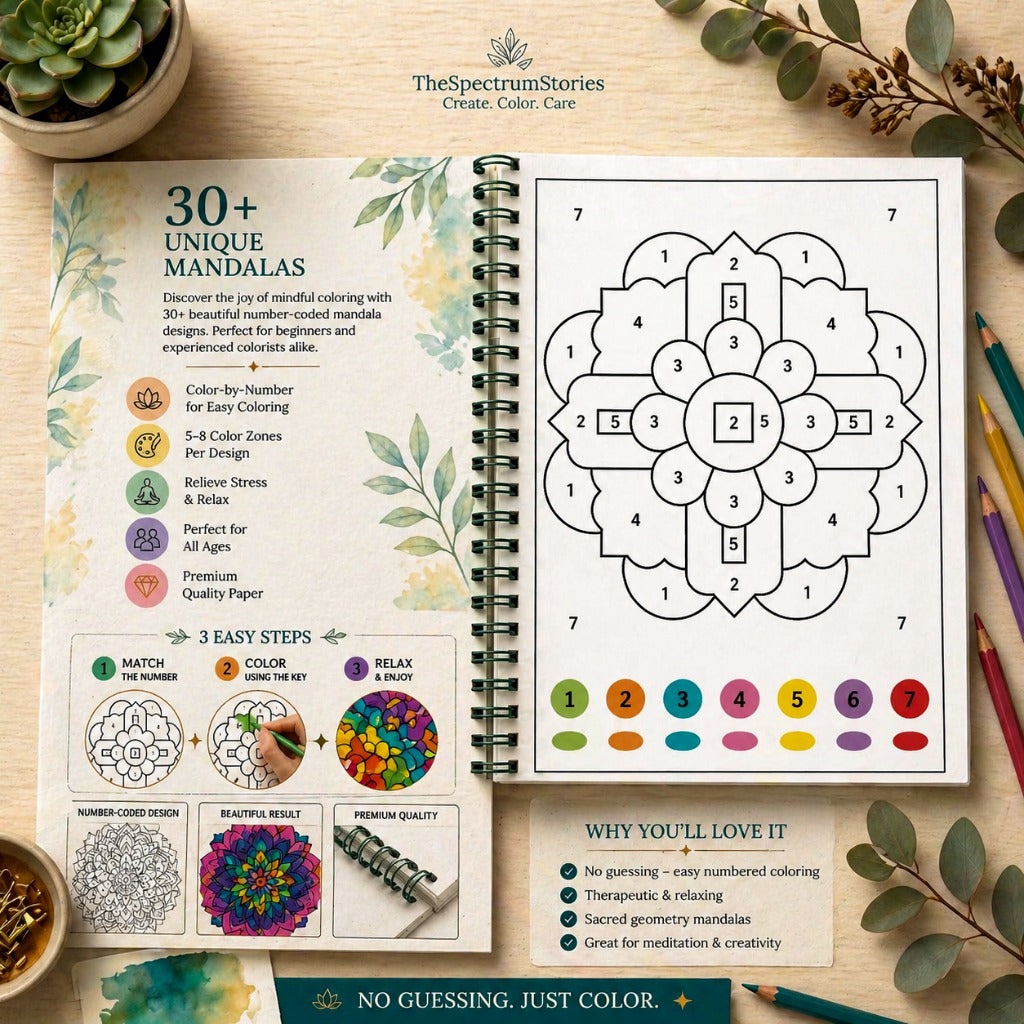 Coloring book with mandala designs on a wooden surface with pencils and a plant.