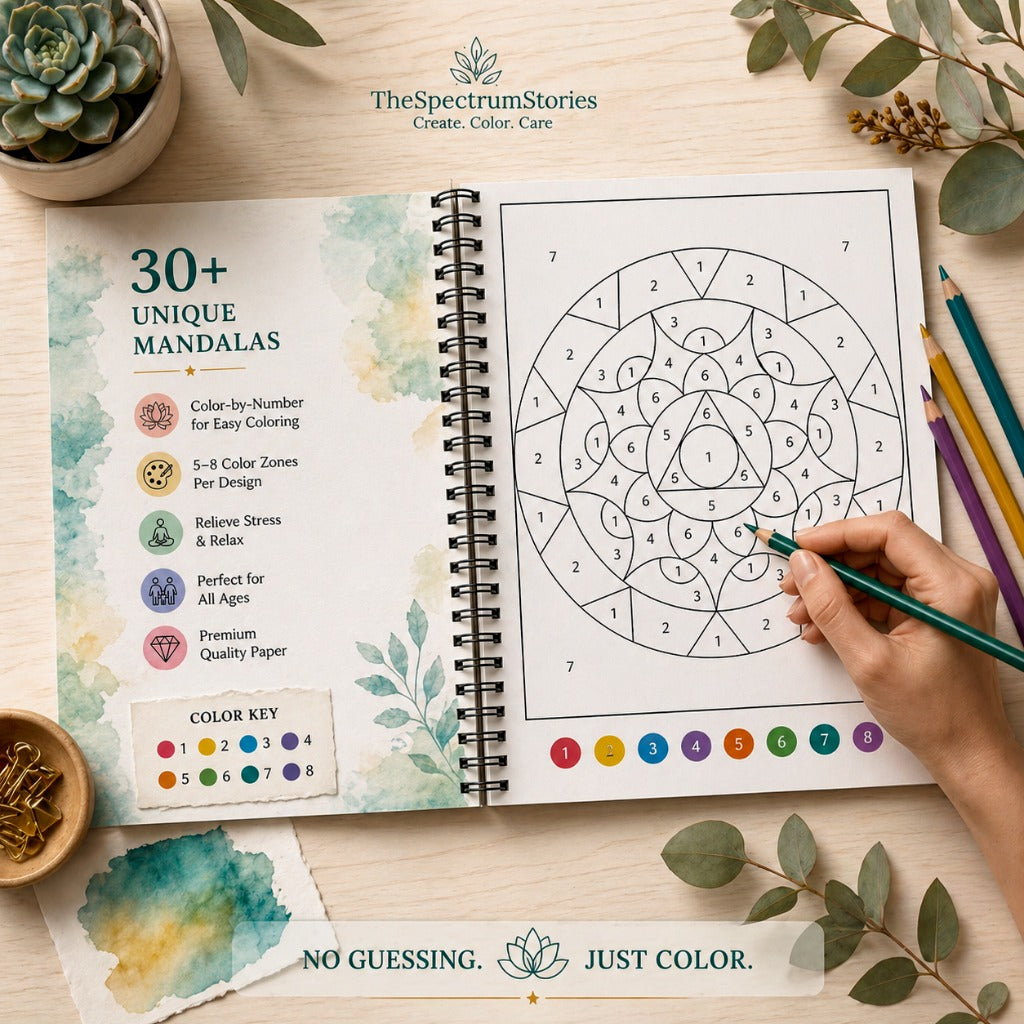Coloring book with mandalas on a wooden surface with plants and pencils.