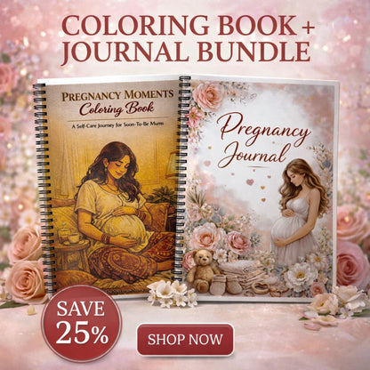 Pregnancy-themed coloring book and journal bundle with floral and teddy bear design on a soft pink background.
