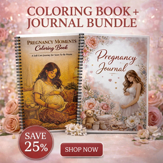 Pregnancy-themed coloring book and journal bundle with floral and teddy bear design on a soft pink background.