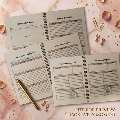 Pregnancy planner with various sections on a decorative background