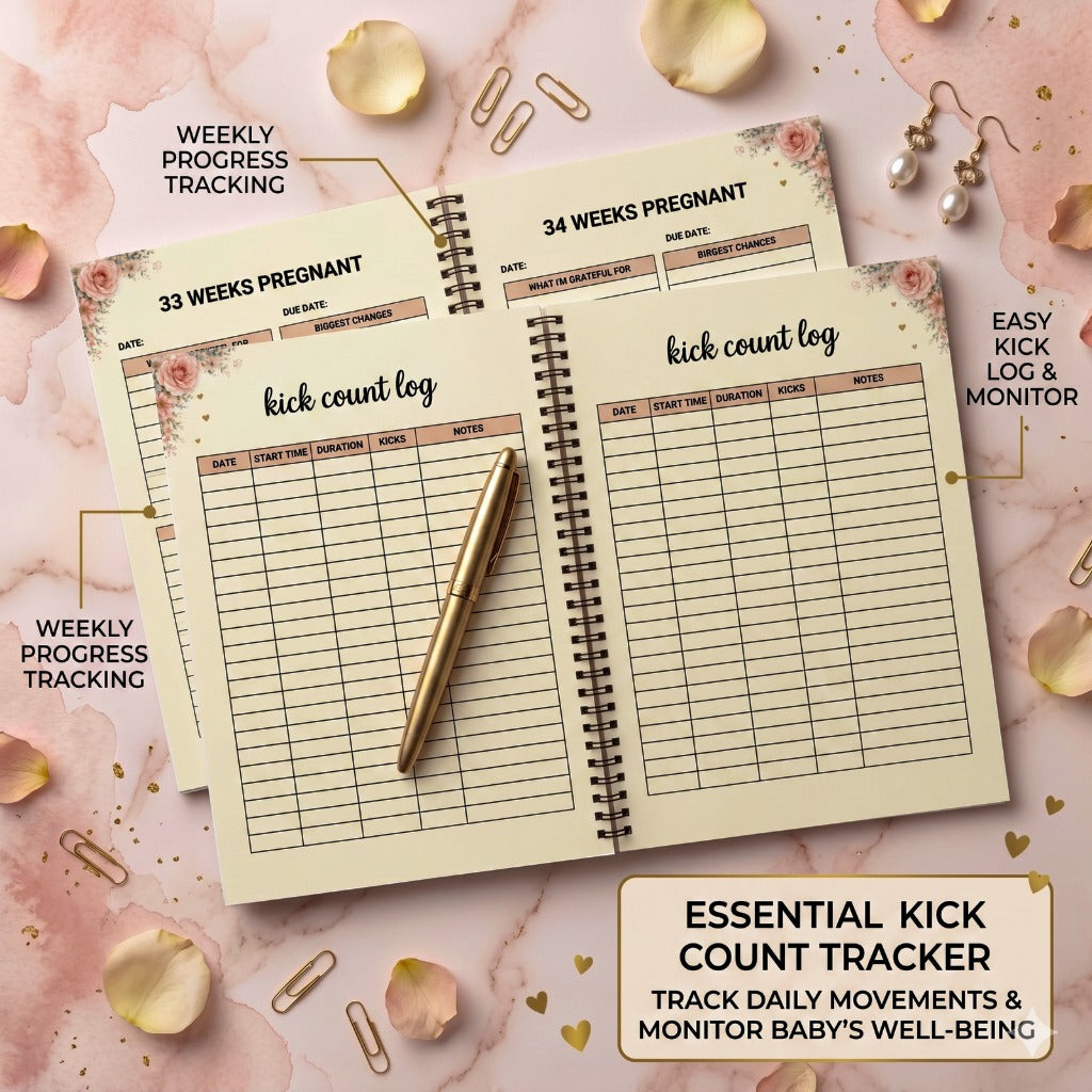 Pregnancy tracker with weekly progress tracking and kick count log on a decorative background.