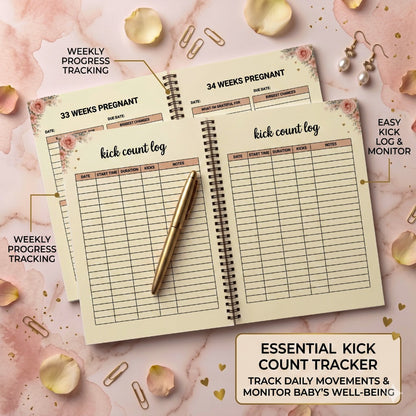 Pregnancy tracker with weekly progress tracking and kick count log on a decorative background.