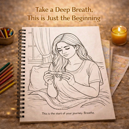 Coloring book page with a drawing of a woman holding a pregnancy test, surrounded by colored pencils and a lit candle on a wooden surface.