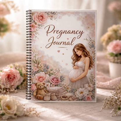 Pregnancy journal with a pregnant woman illustration surrounded by flowers and a teddy bear on a soft background.
