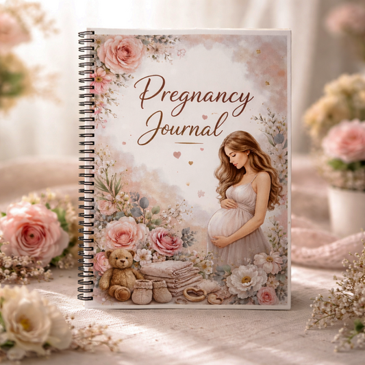 Pregnancy journal with a pregnant woman illustration surrounded by flowers and a teddy bear on a soft background.