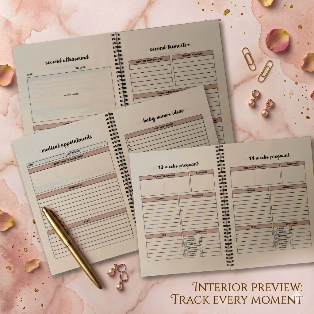 Pregnancy planner with various sections on a decorative background