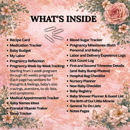 List of features inside a pregnancy and baby tracker on a floral background
