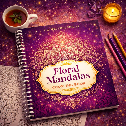 Floral Mandalas coloring book with a cup of tea, candles, and pencils on a starry night background.