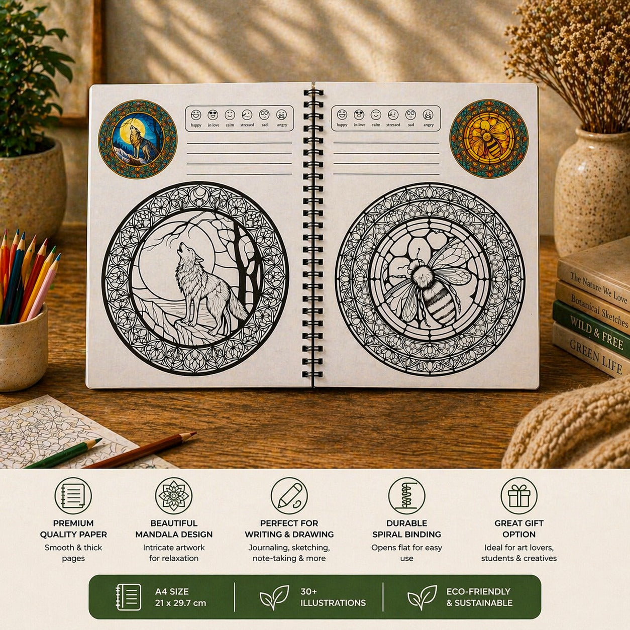 Open notebook with mandala designs of a wolf and a bee on a wooden surface with stationery items.