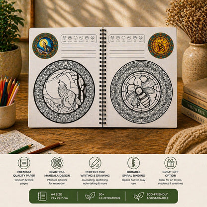 Open notebook with mandala designs of a wolf and a bee on a wooden surface with stationery items.