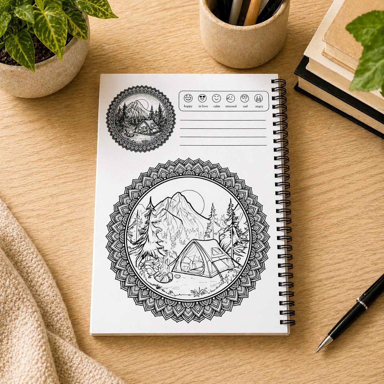 Notebook with nature-themed designs on a wooden surface with a pen and plant.