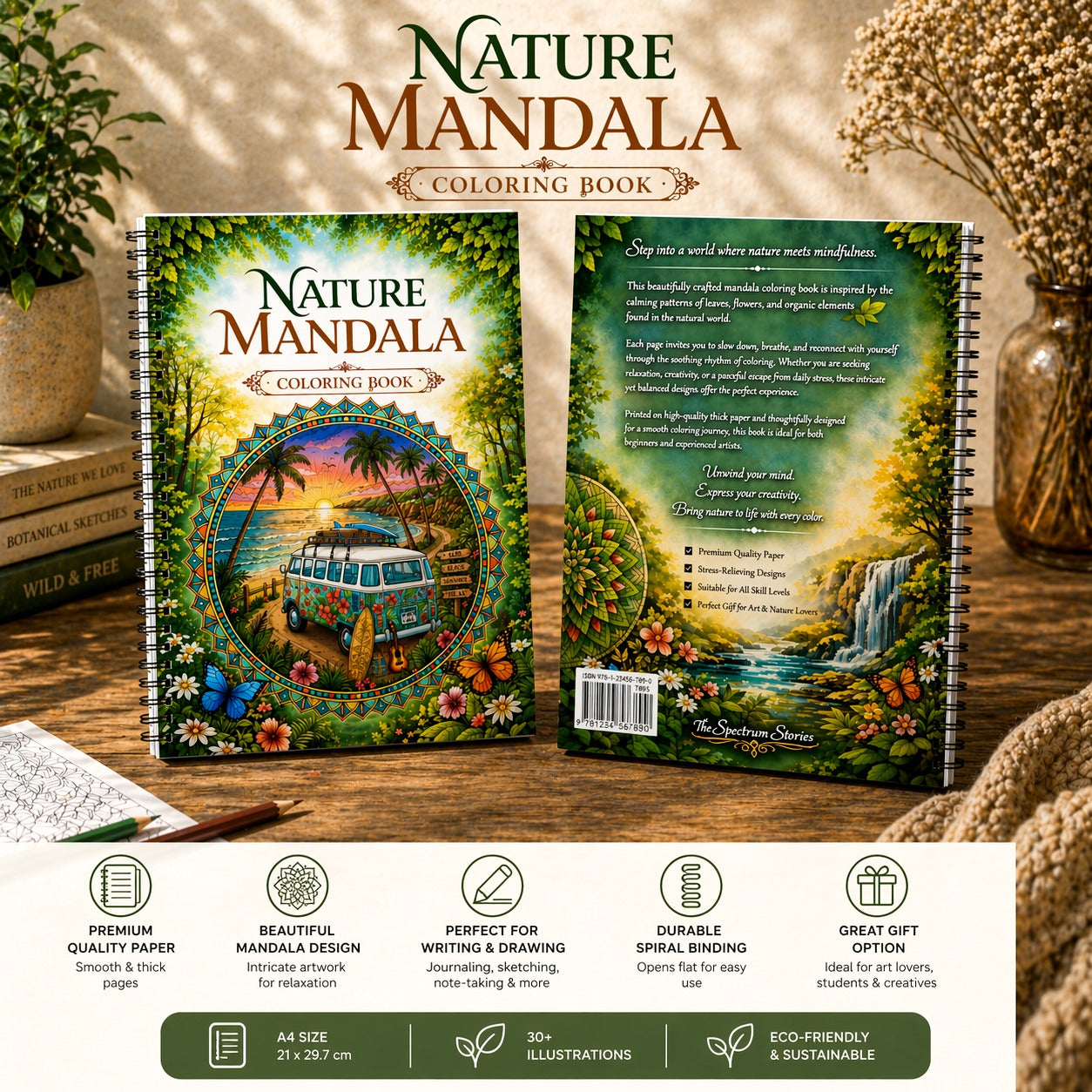 Nature Mandala coloring book with front and back covers on a wooden surface.