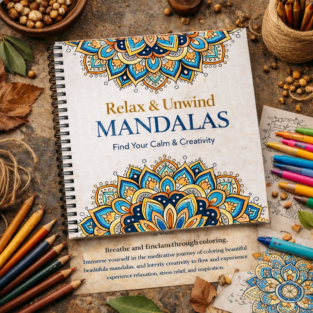 Coloring book titled 'Relax & Unwind Mandalas' with coloring supplies on a rustic background