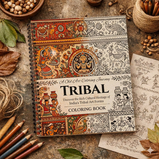 Coloring book titled 'Tribal' on a rustic surface with art supplies.
