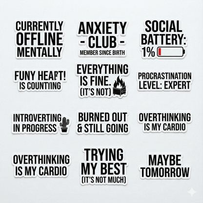 Mental Health Sticker Pack - 10 Funny Quote Stickers (Anxiety, Introvert, Burnout) - The Spectrum Stories