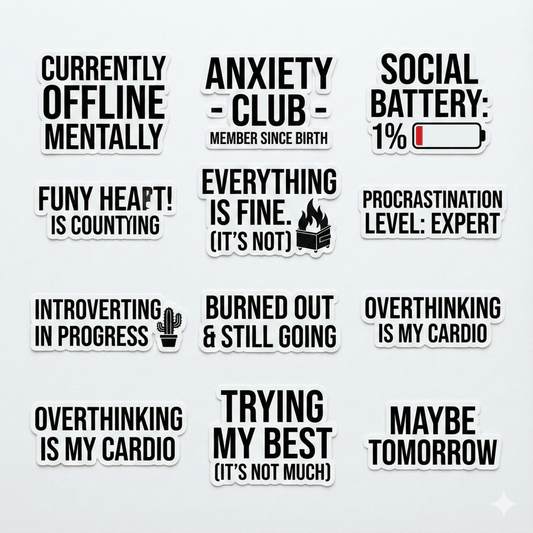 Mental Health Sticker Pack - 10 Funny Quote Stickers (Anxiety, Introvert, Burnout) - The Spectrum Stories