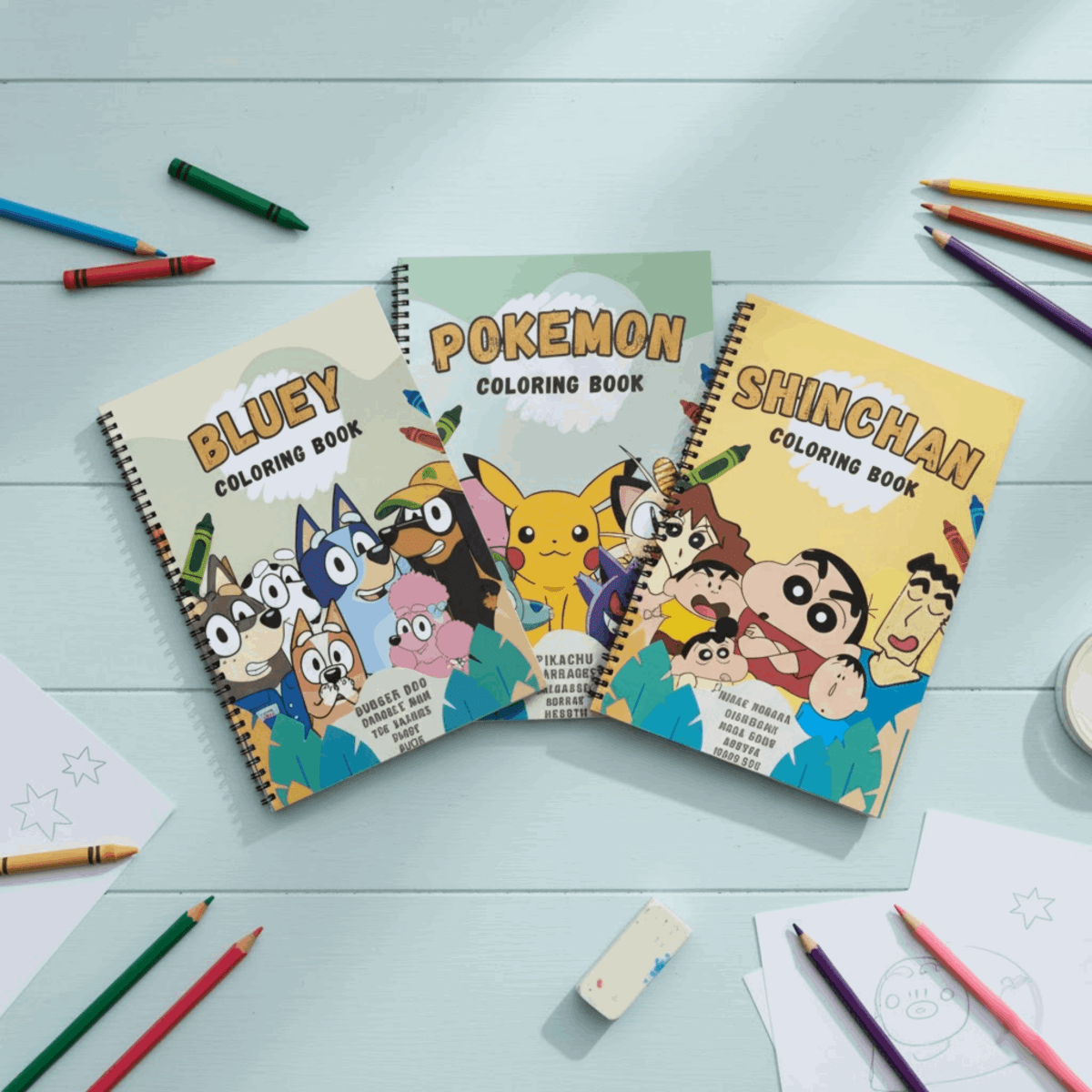 Ultimate Kids Coloring Book Bundle – Shinchan, Pokemon & Bluey | 3 - Pack Value Set | 8.5x11 Large Pages -